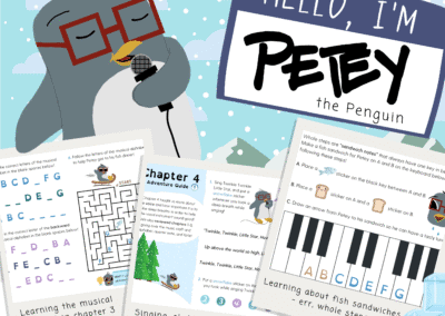Penguin singing with microphone, children’s music education, Petey the Penguin character.