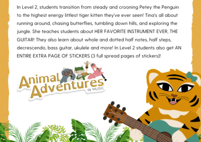 Cute tiger cartoon playing guitar for kids' music lessons and animal adventure themed music programs.