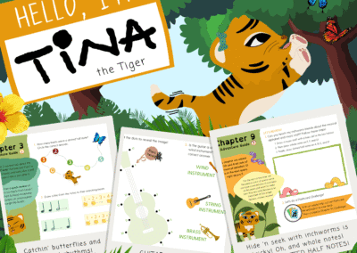 Colorful tiger mascot with butterflies in a children’s music education worksheet setting.