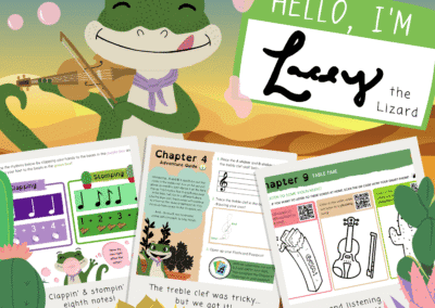 Colorful cartoon lizard character playing a violin, promoting children's music education on Music Studio for Kids website.