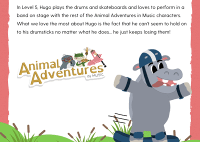 Drum and skateboard-playing hippo character from Animal Adventures in Music series.