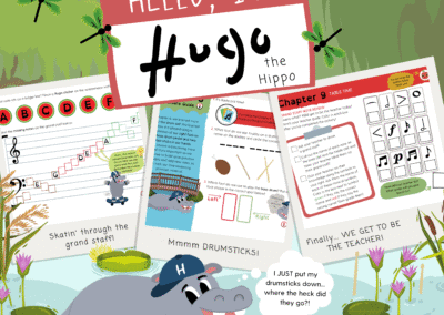 Hugo the Hippo cartoon character teaching kids about music and drumsticks at a colorful music education website.